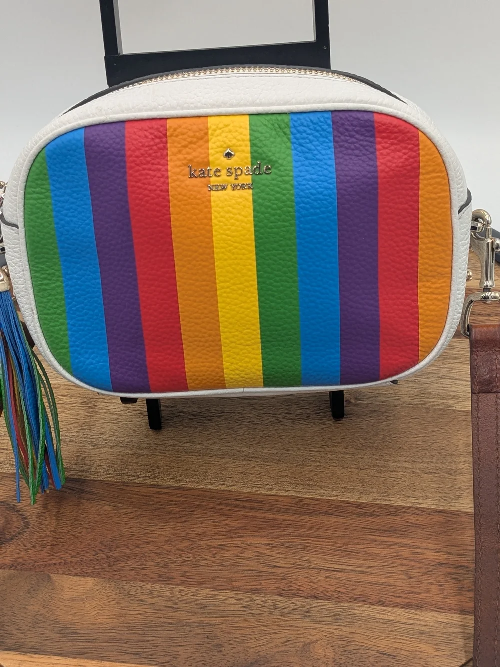 Kate Spade Kourtney Rainbow Stripe Leather Camera Bag Crossbody WKRU6940